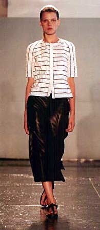 Bekah in silk seersucker raglan top and silk lacquered wedge skirt