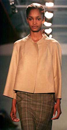 Kimanee in camel silk and mohair sycamore jacket and tartan check cotton/silk skirt